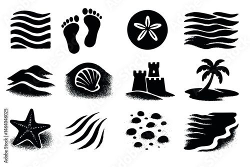 Black and White Beach Icon Set for Summer Vacation Designs
