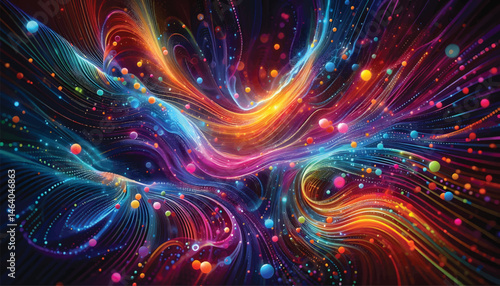 Dynamic abstract digital artwork featuring vibrant swirling neon streaks and glowing colorful spheres on a dark background, evoking a sense of motion, energy, creativity, and modern design