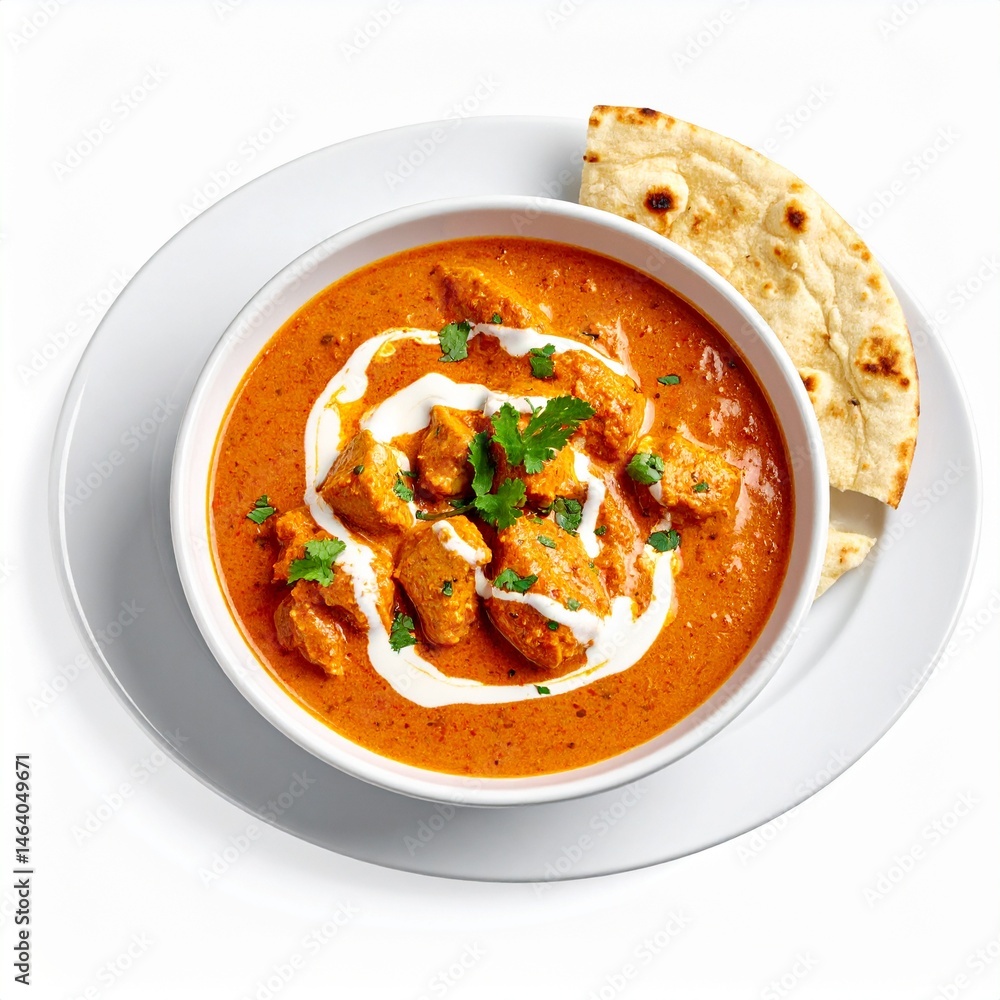 Indian Butter Chicken with Naan Bread – Top View on White Plate Indian Butter Chicken with Naan Bread – Top View on White Plate