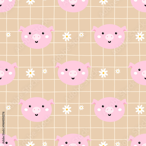 Kawaii Seamless pattern with cute piglets and pastel flowers. Vector design perfect for baby textiles, nursery wallpaper, and farm-themed children clothing