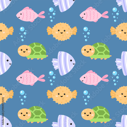 Adorable underwater pattern featuring sea urchins, shells, and marine life in soft colors. Seamless vector background ideal for summer wrapping paper and childrens clothing