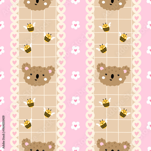 Kawaii seamless pattern featuring teddy bears and flowers on a gentle gingham backdrop. Ideal for baby apparel, wallpapers, and spring-themed textile products