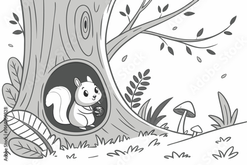 83 Black and white illustration, cute squirrel, tree hollow, detailed tree bark, acorns, grass, twigs, woodland scene, children's book style, line art, whimsical, cozy, nature, forest habitat, simple 