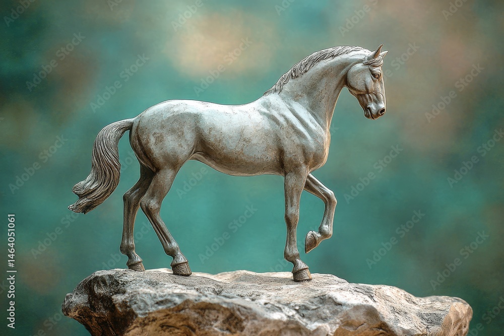 Fototapeta premium Detailed sculpture of a horse in motion atop a rock.