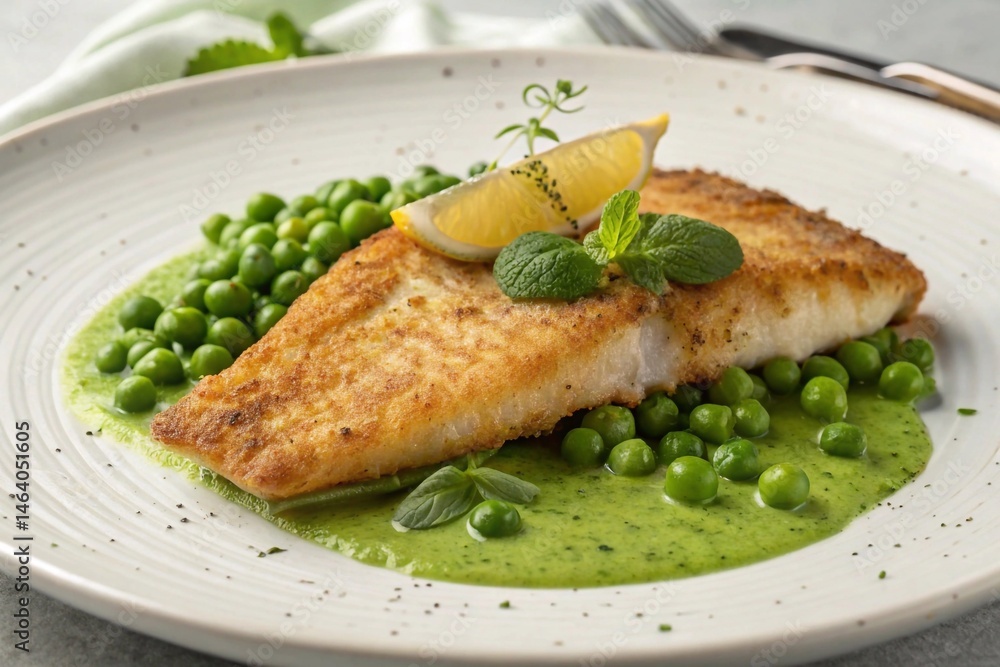 Sea scallops, fried until golden brown, on a bed of green peas and mint sauce on a white plate. High quality photo Sea scallops, fried until golden brown, on a bed of green peas and mint sauce on a white plate. High quality photo
