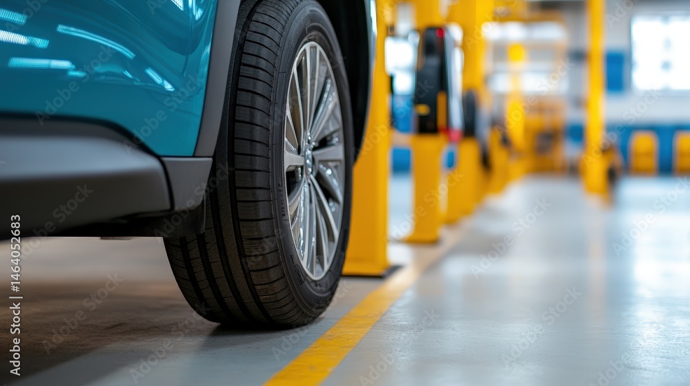 Close-up of a car tire in a brightly lit indoor parking garage with yellow pillars and marked parking lines. Close-up of a car tire in a brightly lit indoor parking garage with yellow pillars and marked parking lines.