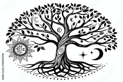 84 Surreal tree of life, intricate black and white illustration, celestial symbols, cosmic imagery, twisting branches, serpentine roots, circular cosmic bodies, sun and moon motifs, mystical art, deta