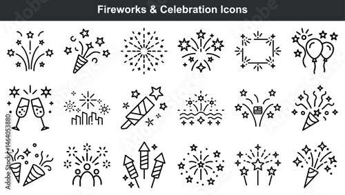 Collection of minimalist fireworks celebration icons for event occasions and festive designs
