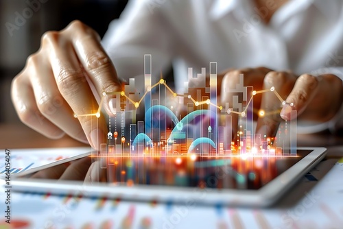 Businessman using tablet analyzing sales data and economic growth graph chart. Business strategy. Abstract icon. Digital marketing.