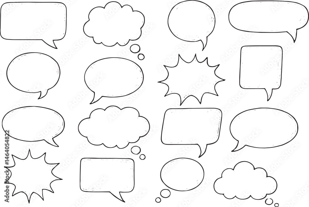 Fototapeta premium A variety of hand-drawn speech and thought bubbles in different shapes, sizes, and styles, ideal for adding text or dialogue to illustrations and comics