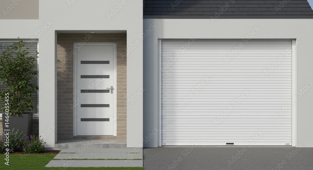 Fototapeta premium Realistic House Exterior View Features Garage White Door Facade Design