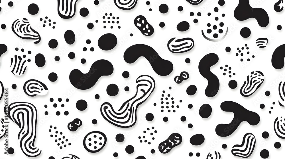 Abstract black and white seamless pattern with various organic shapes and dotted textures Abstract black and white seamless pattern with various organic shapes and dotted textures