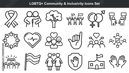 A comprehensive collection of inclusive and supportive lgbtq+ community icon illustrations in black and white.