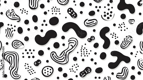 Abstract black and white seamless pattern with various organic shapes and dotted textures