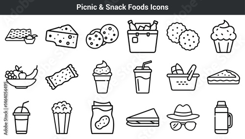 Vector icons of picnic and snack foods in minimalistic black and white outline design