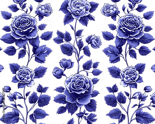 Elegant indigo roses and foliage on a white background, forming a repeating pattern