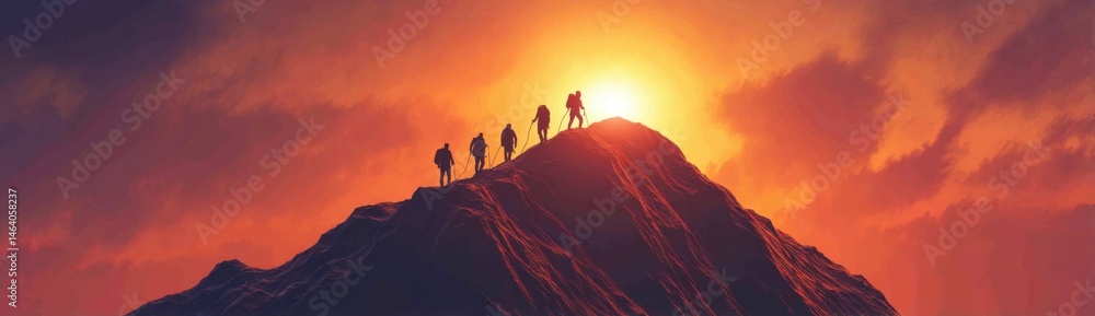Fototapeta premium Adventurous Hikers Reaching Summit at Sunset in Vibrant Sky Colors