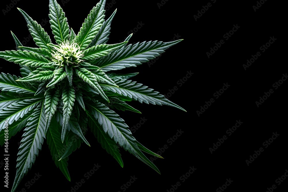 Lush green cannabis plant against black background Lush green cannabis plant against black background