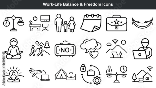 Collection of clean black and white icons representing work life balance and freedom