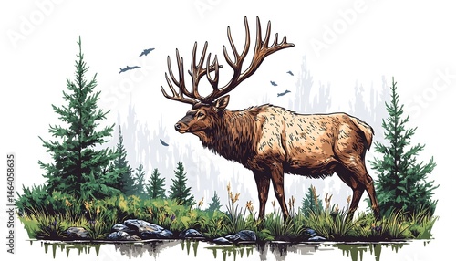 Majestic elk stands in a lush forest landscape