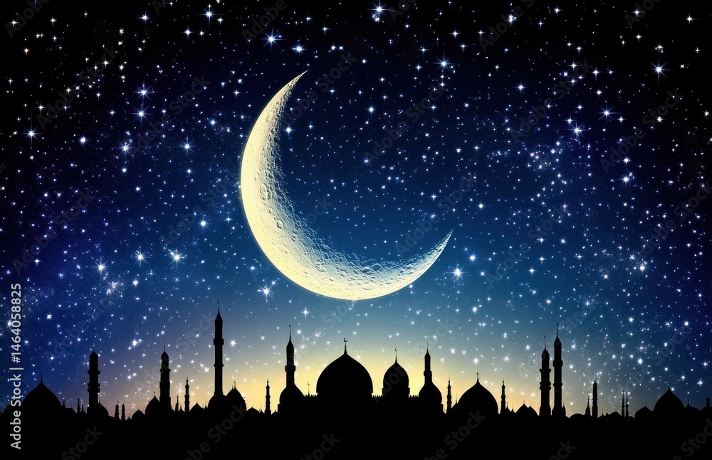 Fototapeta premium Silhouettes of Mosques under a Crescent Moon and Starry Sky