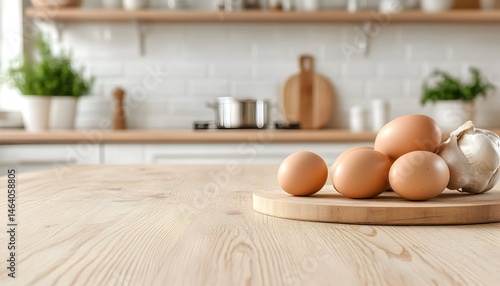 Kitchen table with eggs and garlic on wooden board