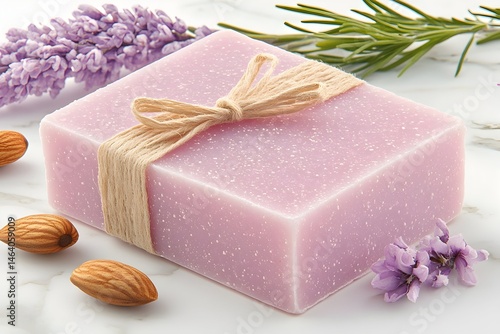 Lavender-infused soap bar tied with twine, displayed with almonds and rosemary sprigs on marble