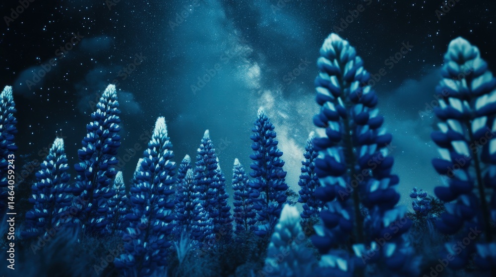 Fototapeta premium A mesmerizing night scene of vibrant blue flowers under a starry sky.