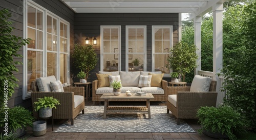 Outdoor patio furniture arrangement with sofa and armchairs