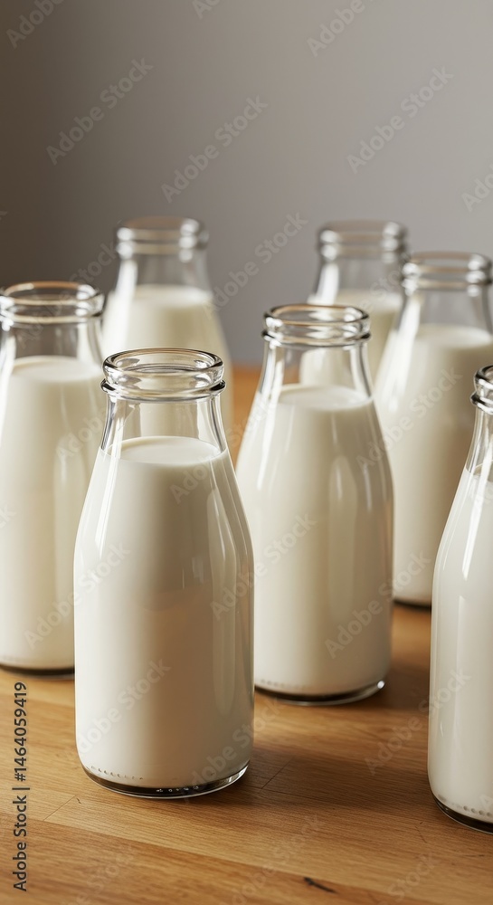 Realistic Image of Fresh Milk Bottles on Wooden Table Top Realistic Image of Fresh Milk Bottles on Wooden Table Top