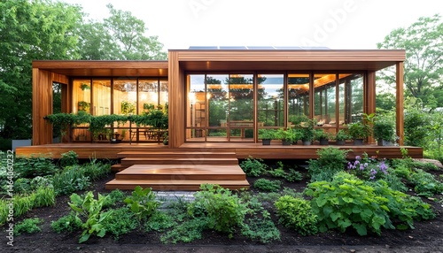 Modern, eco-friendly house with large windows, wooden exterior, and expansive deck surrounded by lush landscaping