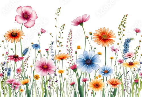 Watercolor wildflowers in rustic meadow seamless pattern on ivory, delicate, style