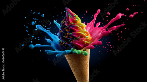 Melting Rainbow Ice Cream Scoop on Flat Cone, Exploding with Neon Splash Shapes, Tropical Summer Vibe, Isolated with Clean Edges – Generated AI

