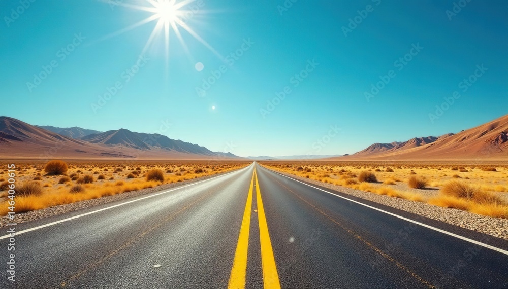 Fototapeta premium Yellow line splits sun-baked road, heat waves dance, blue sky awaits beyond the horizon, open road adventure, driving, sunny, blue