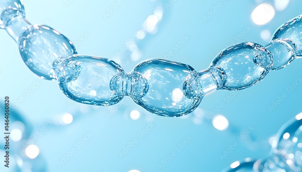 Transparent, interconnected water droplets forming a chain against a light blue backdrop Transparent, interconnected water droplets forming a chain against a light blue backdrop