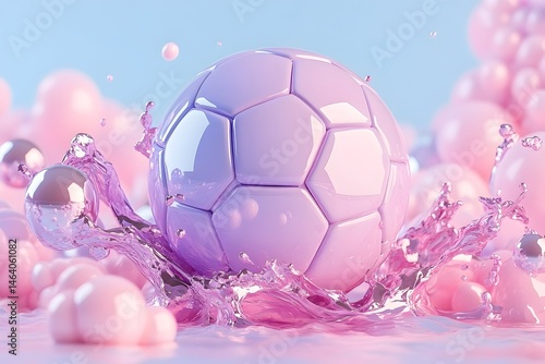 Pastel pink soccer ball splashing in liquid