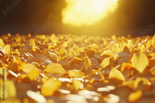 Golden leaves carpeting the ground at dawn.