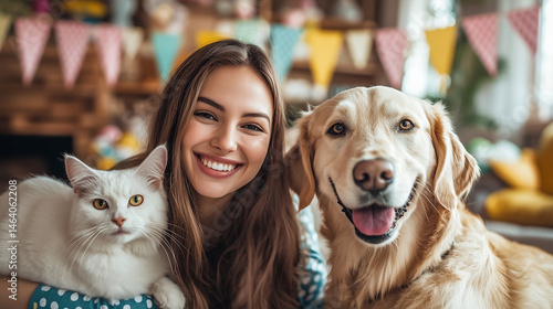 close up portrait of woman with her cat and dog at party