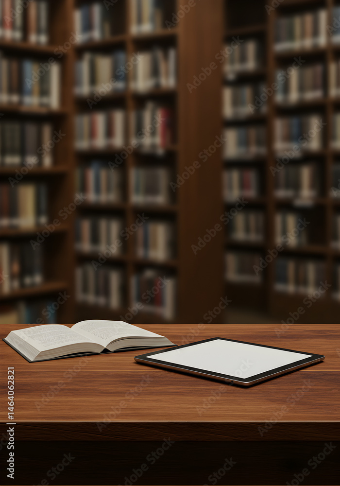 Realistic Library Illustration Of Books On Table With Wooden Background