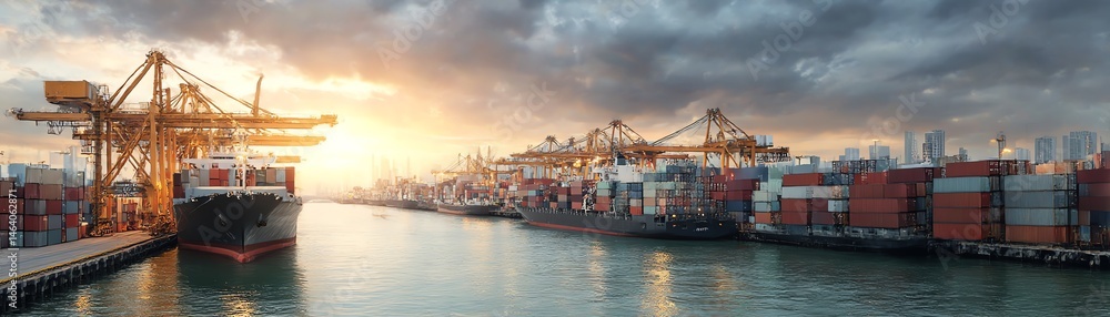 Shipping containers at a busy port during sunset with dramatic clouds. Shipping containers at a busy port during sunset with dramatic clouds.