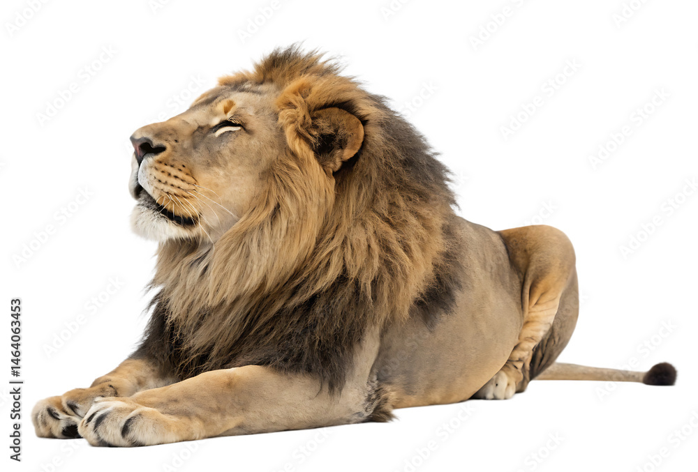 Obraz premium male lion lying down isolated on white background, PNG