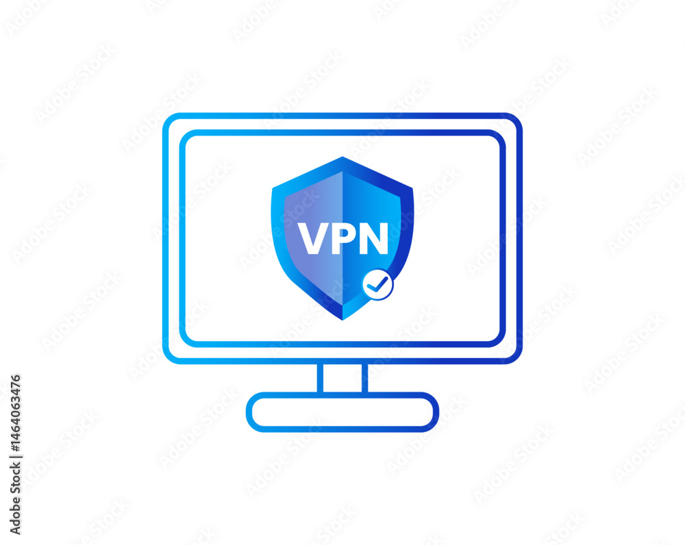 VPN Shield Check Mark Icon on Computer Screen Security Privacy Secure Connection Concept Vector VPN Shield Check Mark Icon on Computer Screen Security Privacy Secure Connection Concept Vector