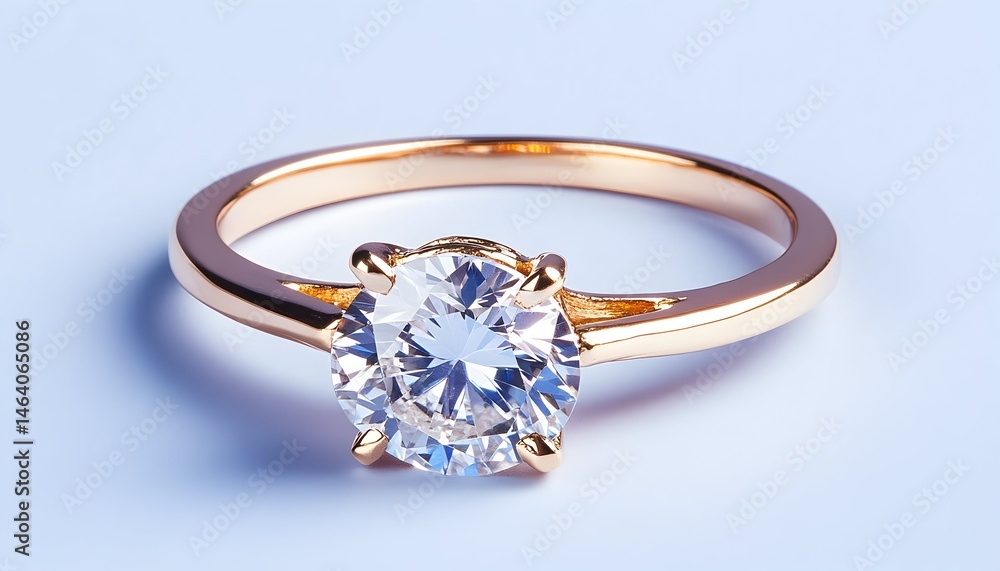 A solitaire diamond ring in gold setting on light blue background A solitaire diamond ring in gold setting on light blue background