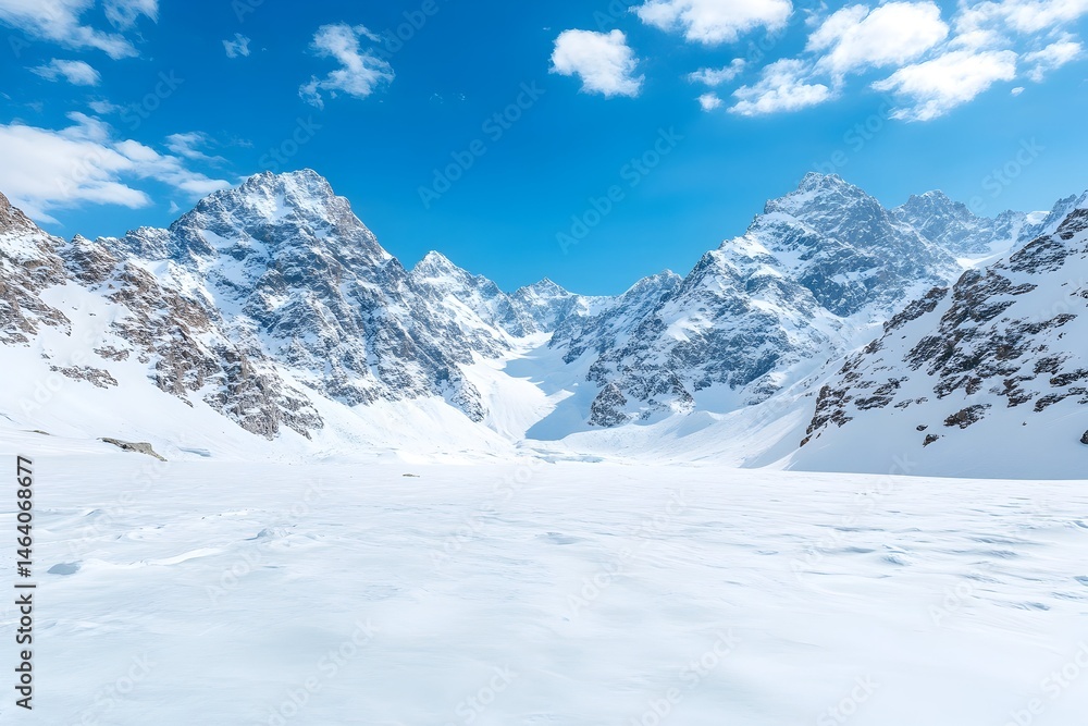 Snow-covered valley nestled between majestic, snow-capped mountains under a vibrant blue sky Snow-covered valley nestled between majestic, snow-capped mountains under a vibrant blue sky