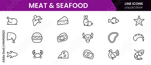Meat, poultry, fish and eggs - minimal thin line web icon set. Outline icons collection. Simple vector illustration.