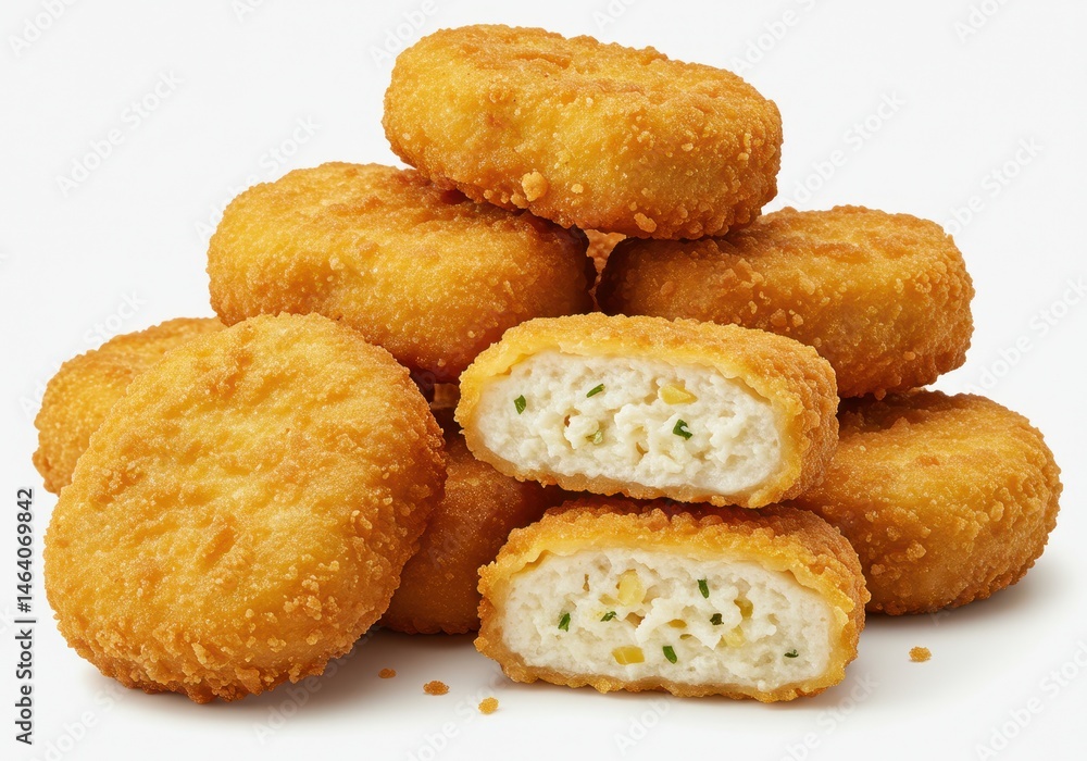 Pile of crispy chicken nuggets with one cut in half on a white background Pile of crispy chicken nuggets with one cut in half on a white background