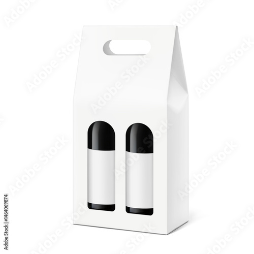 Cardboard wine carrier with bottles mockup. Vector illustration isolated on white background. Easy to use for presentation your product, idea, promo, design. EPS10.