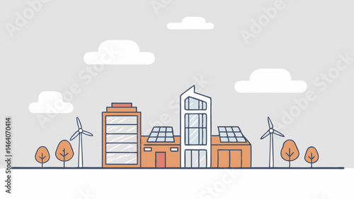 Eco friendly city skyline Sustainable buildings solar panels wind turbines and trees Clean energy