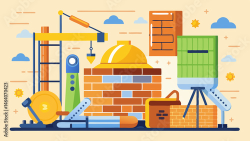 Vibrant Construction Tools Brickwork Scene Sunny Day Illustration Flat Design Style
