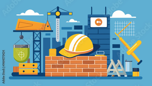 Construction site progress yellow hardhat rests on a newly built brick wall cranes and tools nearby